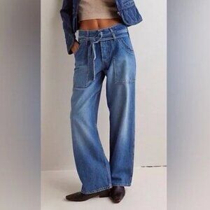 Free People Boyfriend Belted Denim Wide Leg Jeans In Blue Jay